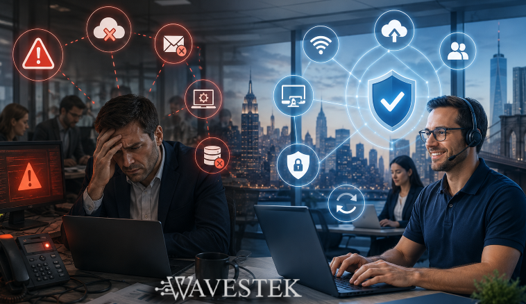Business professionals experiencing IT issues while receiving managed IT support and cybersecurity assistance in a modern office environment.